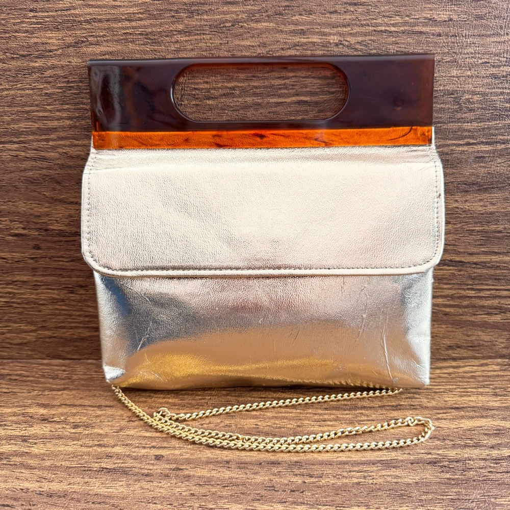 Vintage Gold Metallic Faux Leather Lucite Tortoiseshell Clutch Shoulder Bag‎
